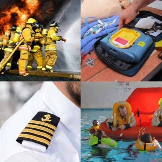 Firefighters battle blaze; automatic defibrillator displayed; person in uniform; safety training in pool with lifeboat and life jackets.