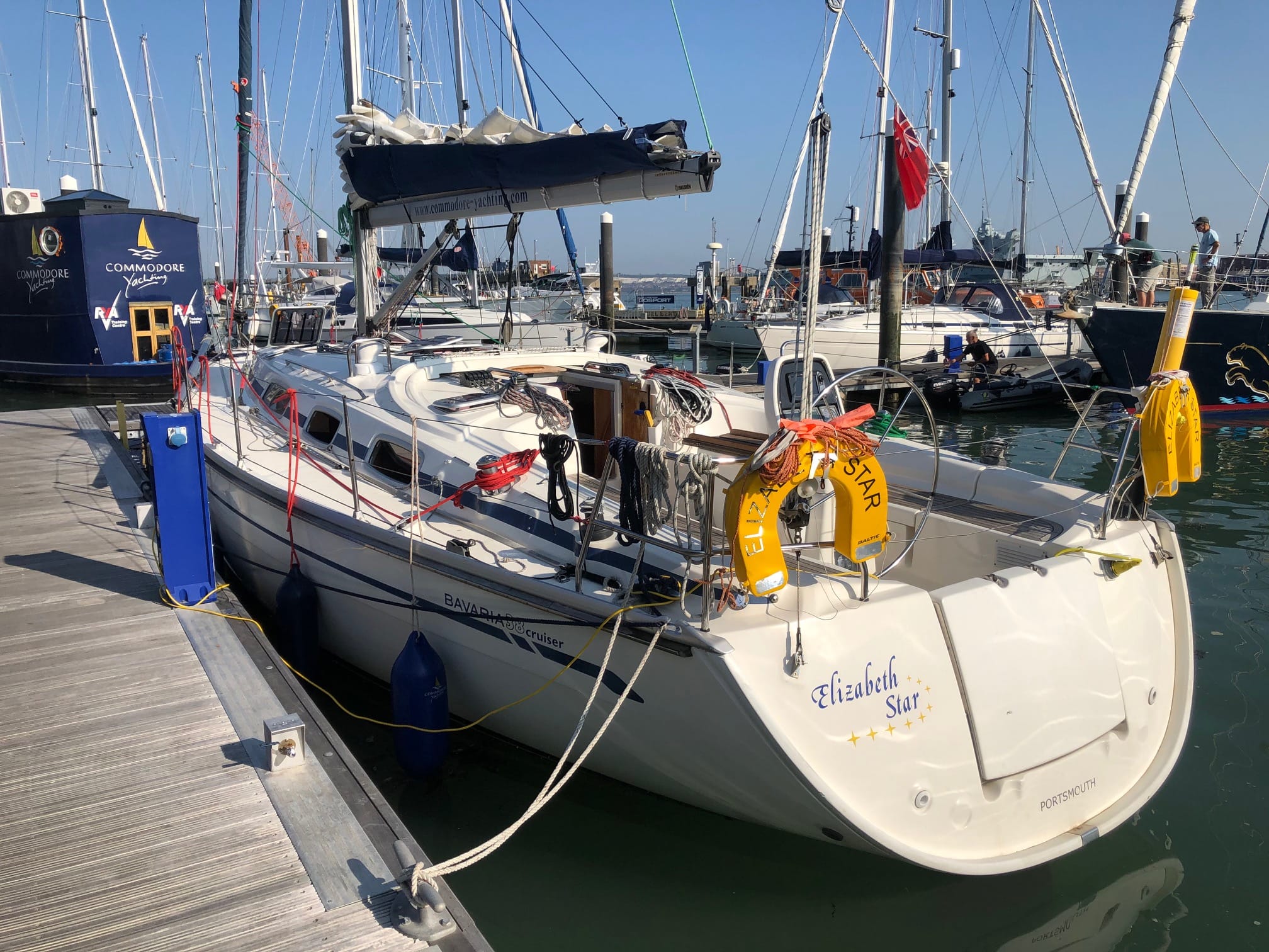 Christmas gift guide for sailors — sailboat named Elizabeth Star docked at marina with other vessels
