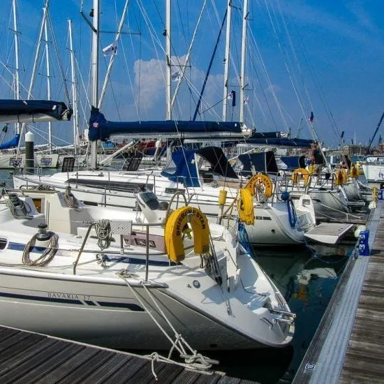 Several sailboats are docked in a marina under clear blue skies. The boats have white hulls and blue sails, ready for sailing adventures.