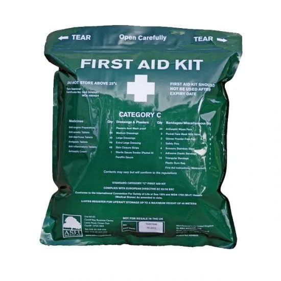 RYA First Aid at Sea Green first aid kit package labeled "Category C" with instructions to store below 25°C and list of contents included.